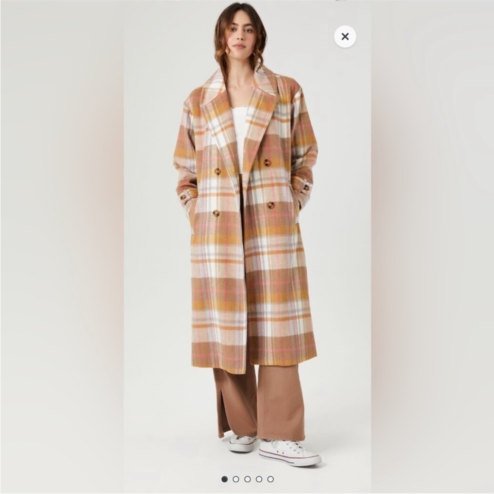 Double-Breasted Plaid Longline Coat. Color: orange/multi